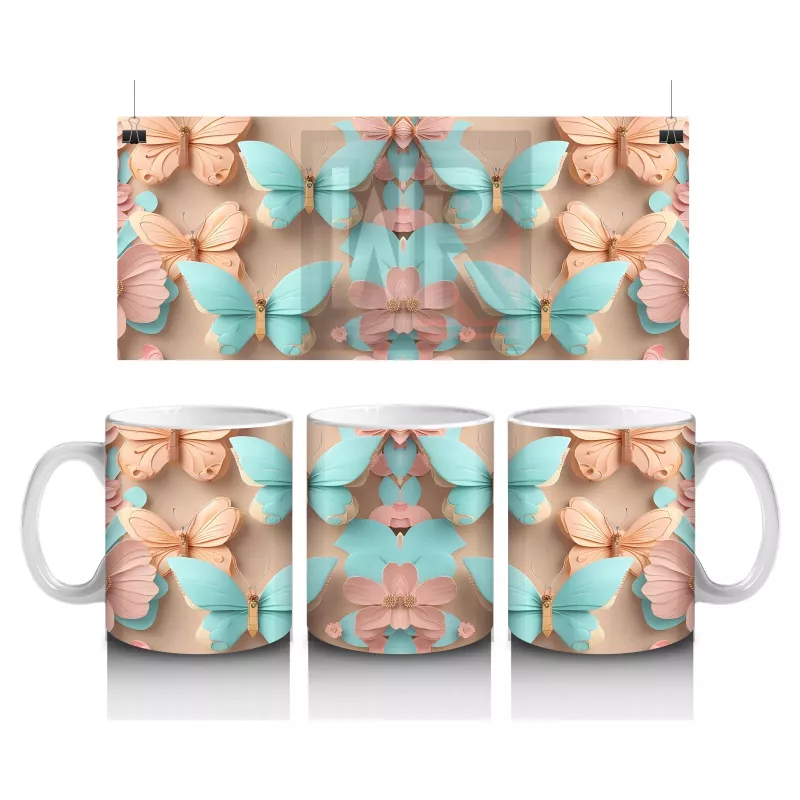 Turkuaz Tonlarda Simetrik Kelebek Deseni – Baskılı Kahve Kupası