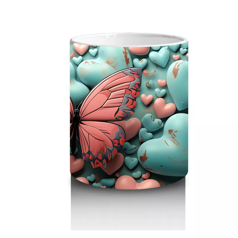 Turkuaz ve Pembe Kalplerle Süslenmiş Kelebek – Baskılı Kahve Kupası - 3