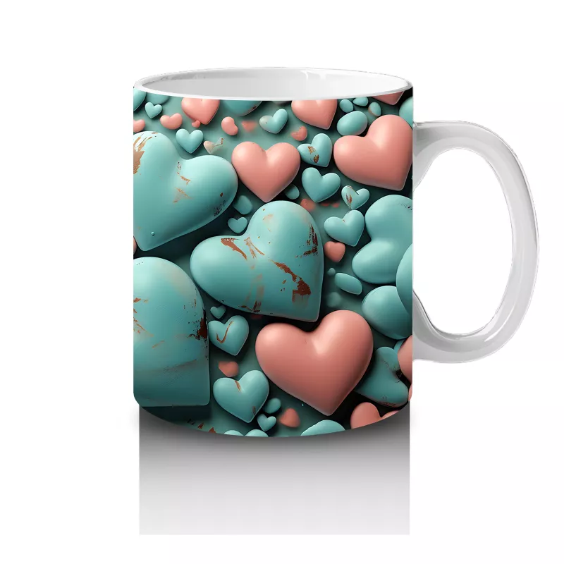 Turkuaz ve Pembe Kalplerle Süslenmiş Kelebek – Baskılı Kahve Kupası - 4