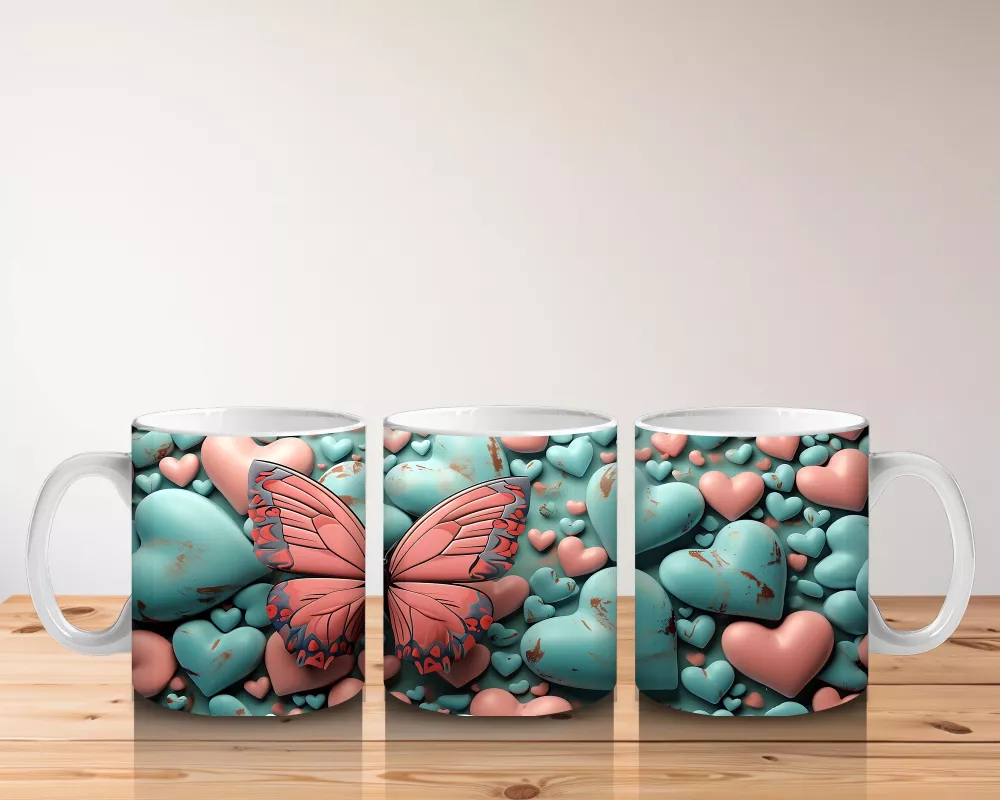 Turkuaz ve Pembe Kalplerle Süslenmiş Kelebek – Baskılı Kahve Kupası - 5