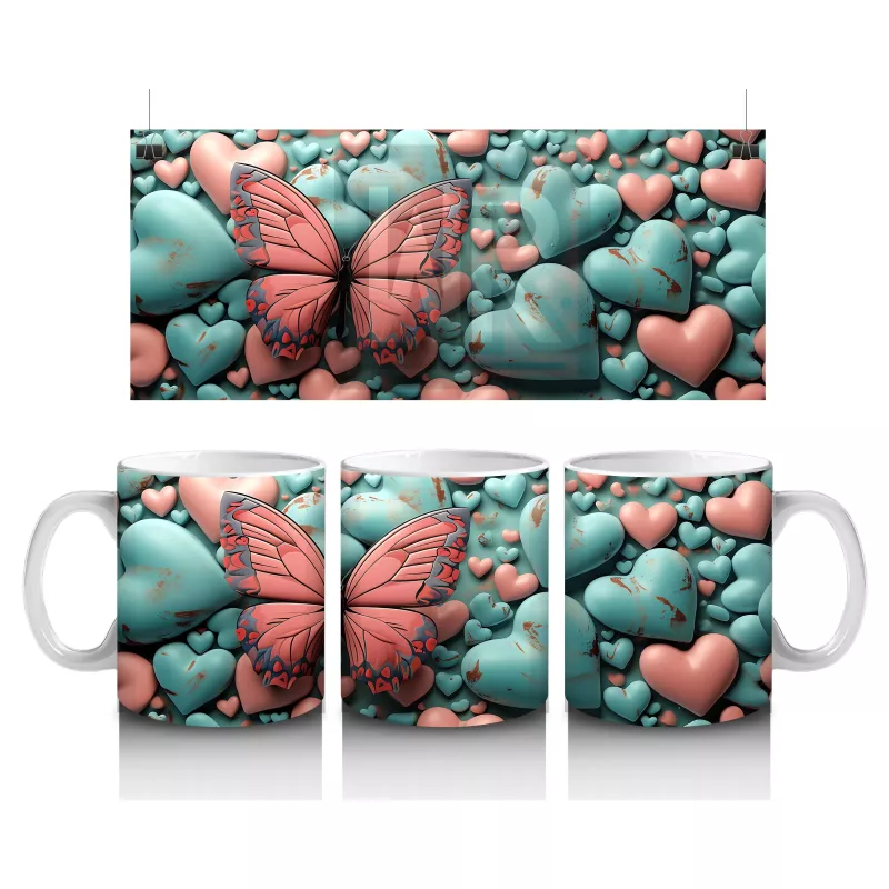 Turkuaz ve Pembe Kalplerle Süslenmiş Kelebek – Baskılı Kahve Kupası