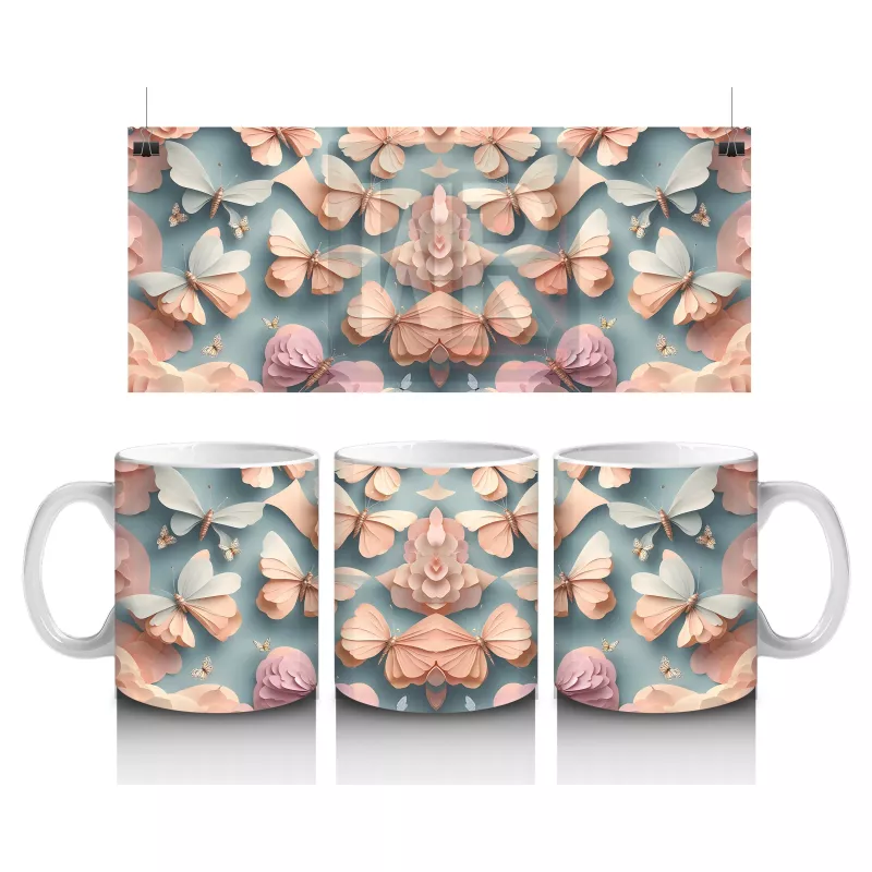 Turkuaz ve Şeftali Tonlarında Rölyef Kelebekler – Baskılı Kahve Kupası