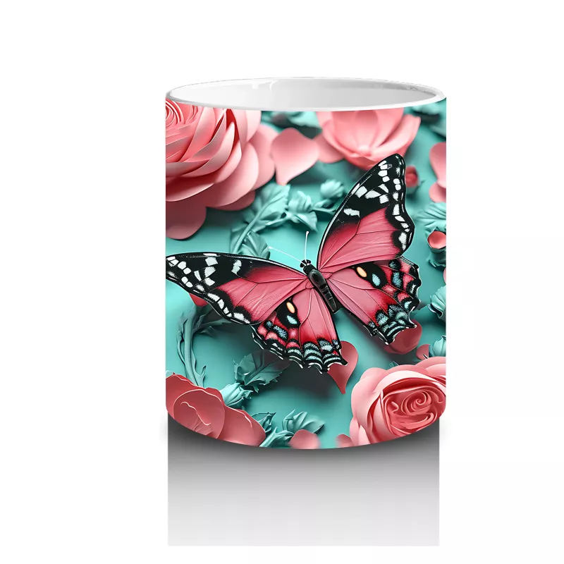 Turkuaz Zemin Üzerinde Pembe Kelebek – Baskılı Kahve Kupası - 3