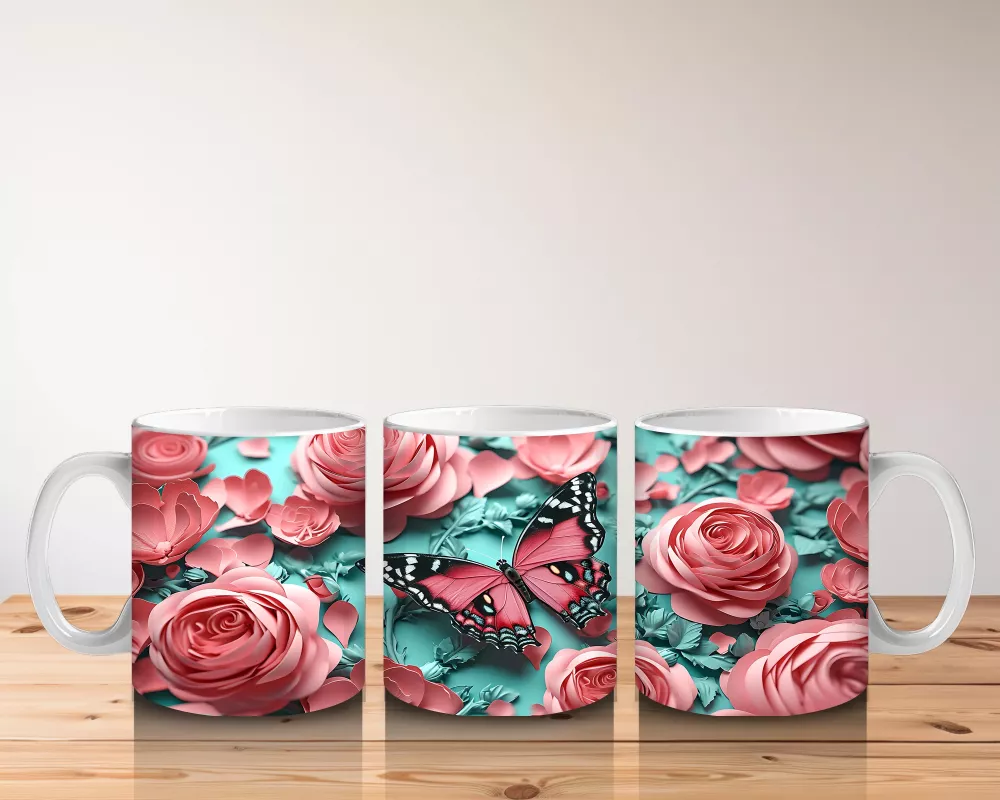 Turkuaz Zemin Üzerinde Pembe Kelebek – Baskılı Kahve Kupası - 5