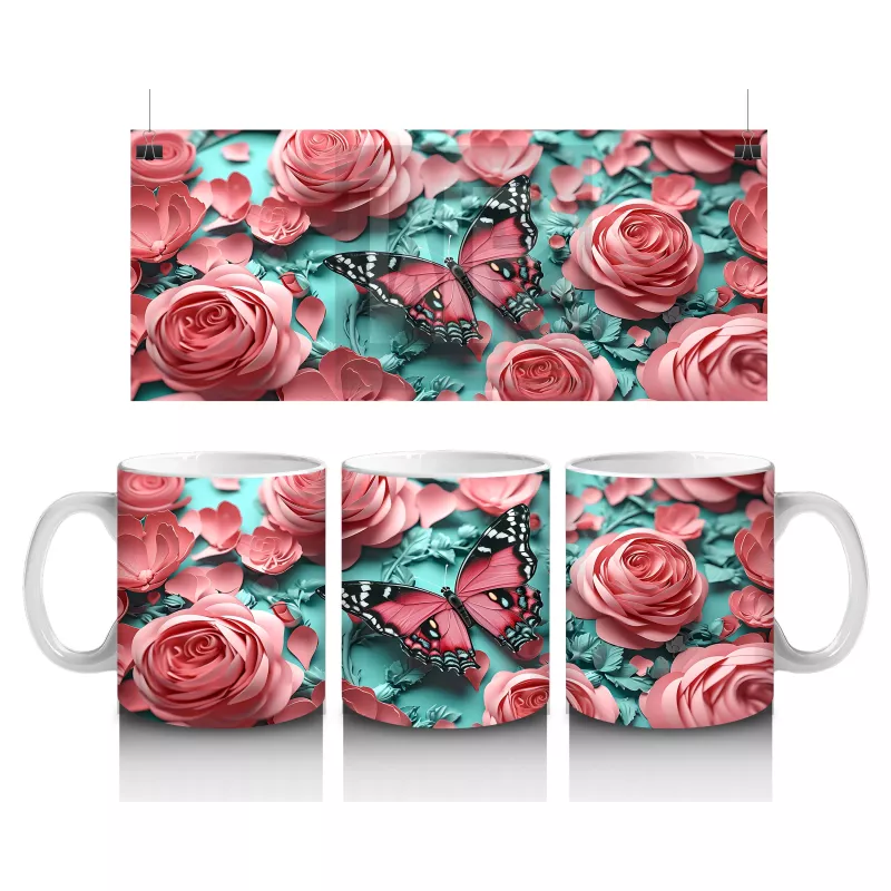 Turkuaz Zemin Üzerinde Pembe Kelebek – Baskılı Kahve Kupası