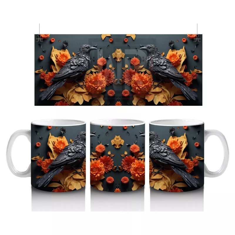 Turuncu Çiçekler Arasında Karga Silueti – Baskılı Kahve Kupası