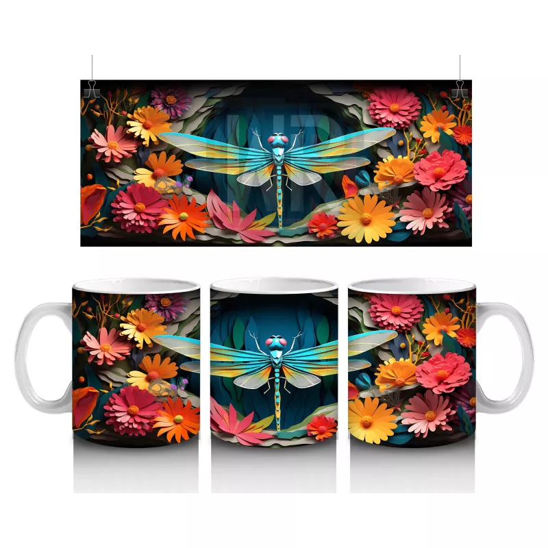 Turuncu Çiçekler Arasında Mavi Yusufçuk – Baskılı Kahve Kupası