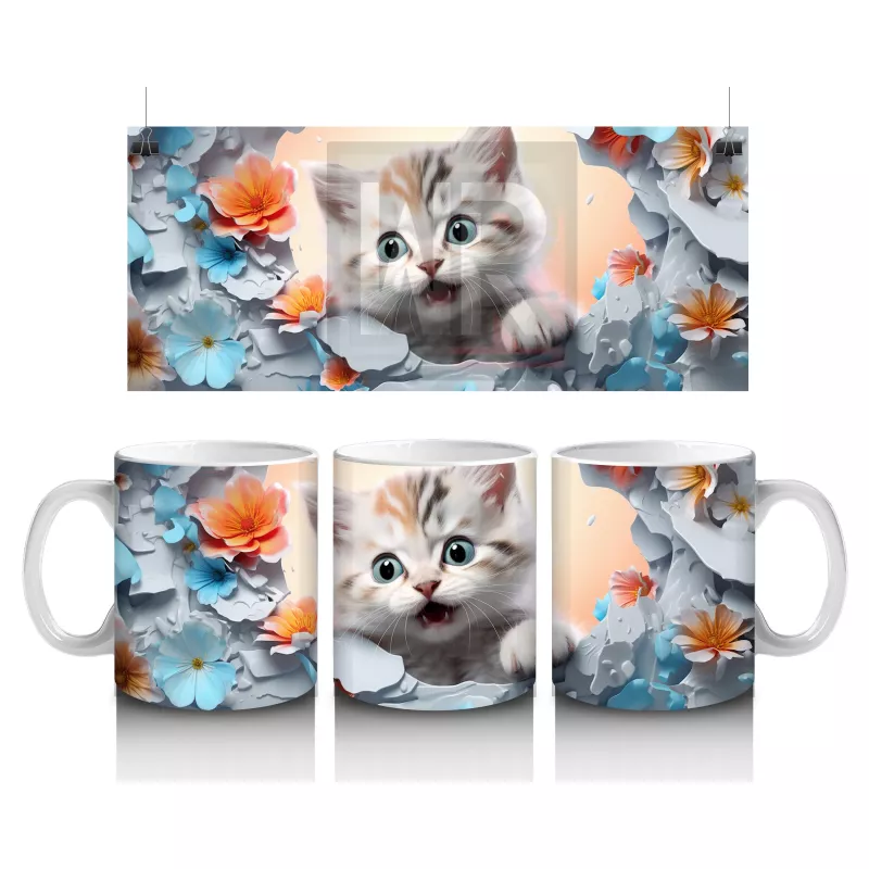 Turuncu Çiçekler Arasında Tatlı Kedi – Baskılı Kahve Kupası