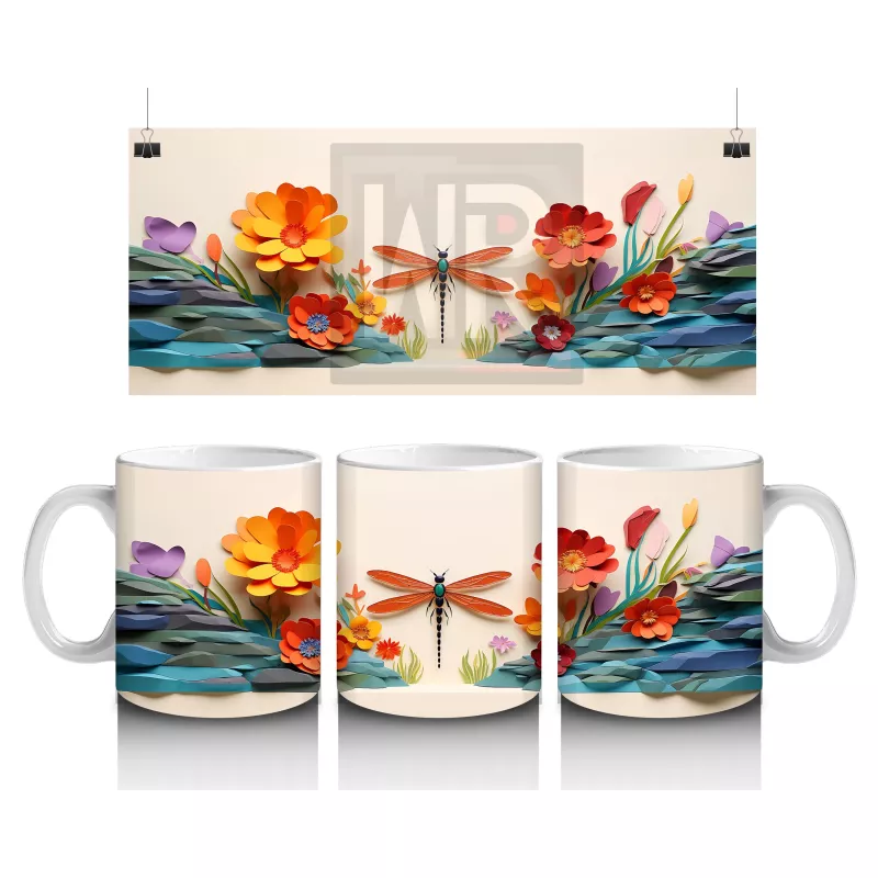 Turuncu Çiçekler Üzerinde Uçan Yusufçuk – Baskılı Kahve Kupası