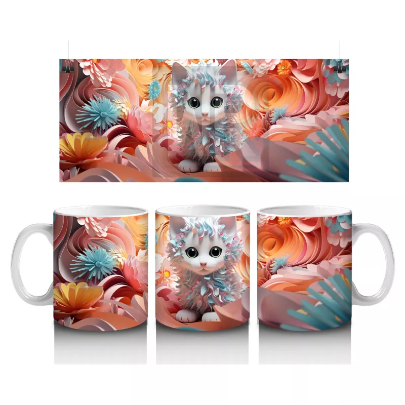 Turuncu Çiçeklerle Çevrili Parlak Gözlü Kedi – Baskılı Kahve Kupası