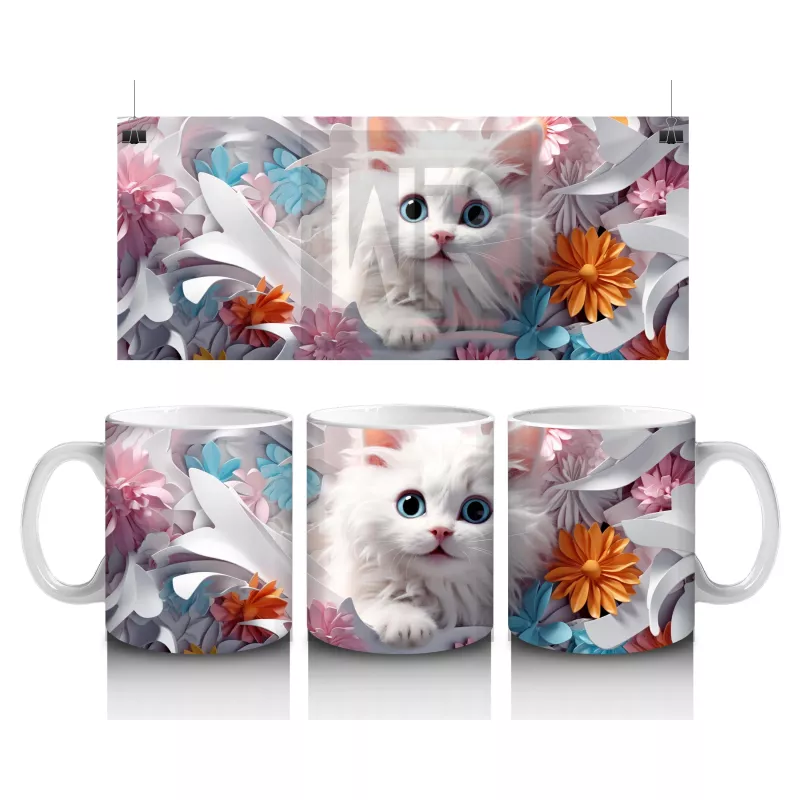 Turuncu Çiçekli Arka Plan Üzerine Beyaz Kedi – Baskılı Kupa