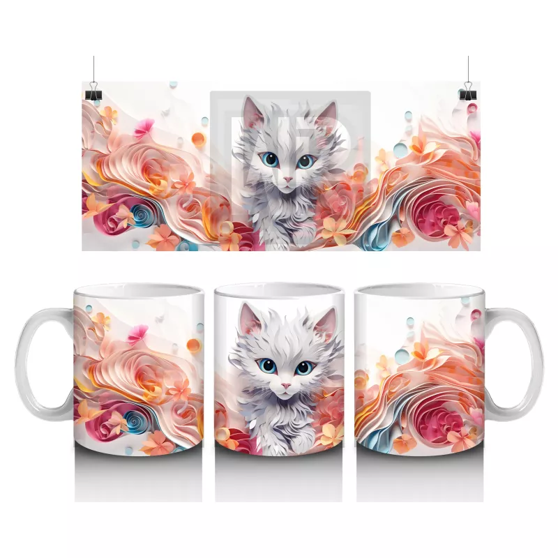 Turuncu Çiçekli Fon Üzerinde Beyaz Yavru Kedi – Baskılı Kahve Kupası