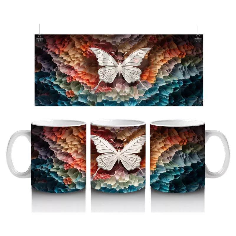 Turuncu Işıltılı Rölyef Doku Üzerinde Beyaz Kelebek – Baskılı Kahve Kupası