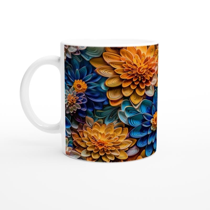 Turuncu ve Gece Mavisi Çiçekler Kupa Bardak