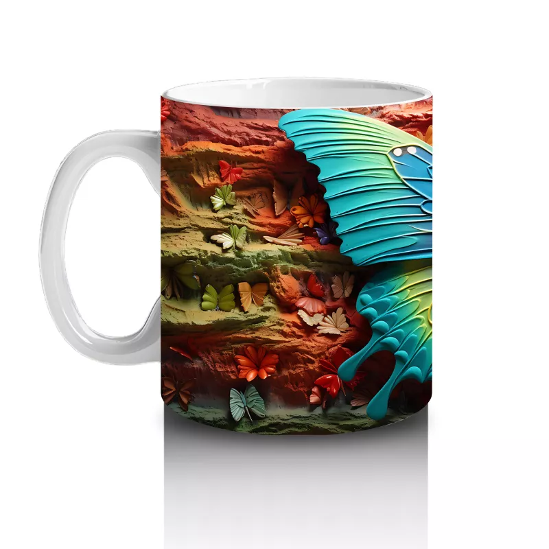 Turuncu ve Mavi Kanatlı Dev Kelebek Deseni – Baskılı Kahve Kupası - 2