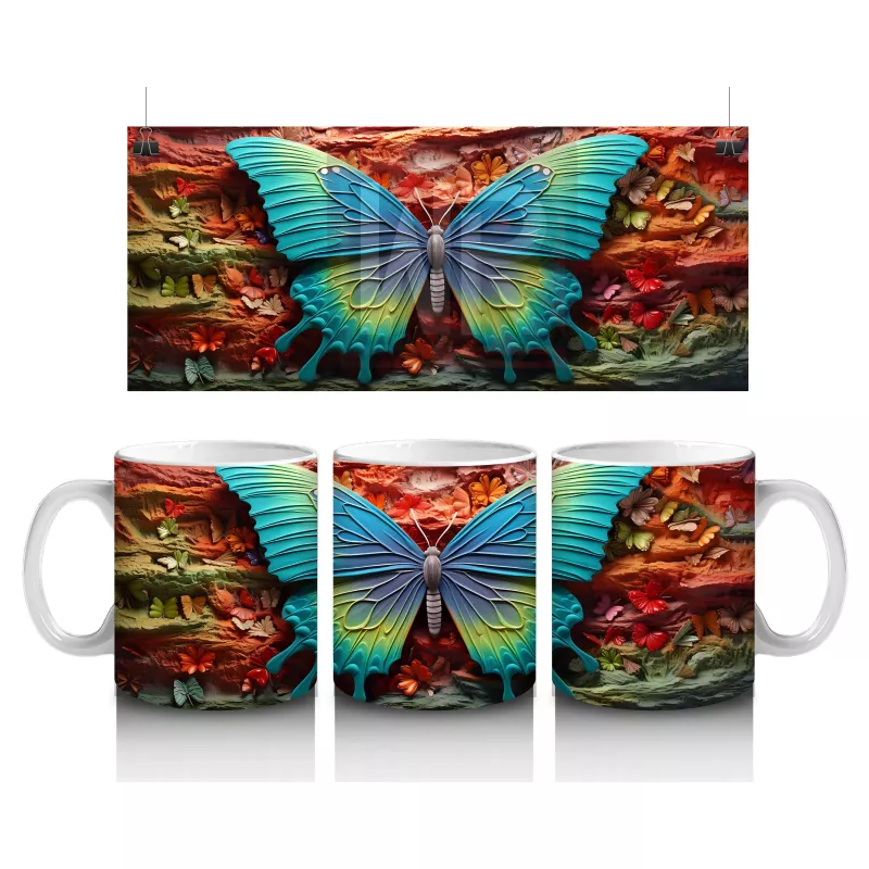 Turuncu ve Mavi Kanatlı Dev Kelebek Deseni – Baskılı Kahve Kupası