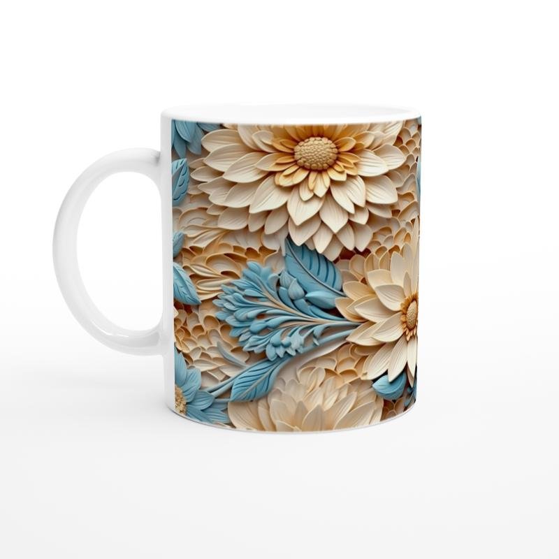 Turuncu ve Mavi Rölyef Çiçeklerle Bezenmiş Kupa Bardak