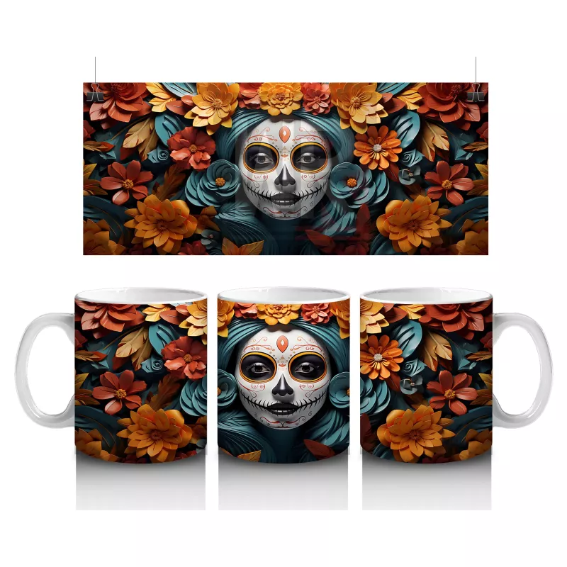 Turuncu ve Mavi Yapraklar Arasında Kafatası – Hediyelik Kahve Kupası