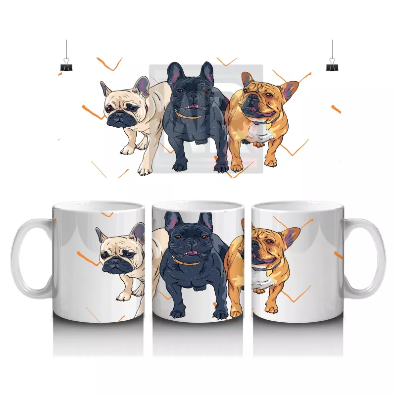 Üç Sevimli Bulldog Karakteri İllüstrasyonu – Baskılı Kahve Kupası