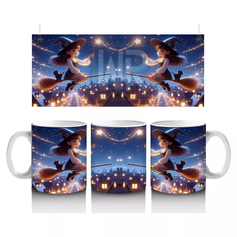 Uçan Cadılar ve Süpürgelerle Dolu Gökyüzü Temalı Cadılar Bayramı Baskılı Kupa Bardak