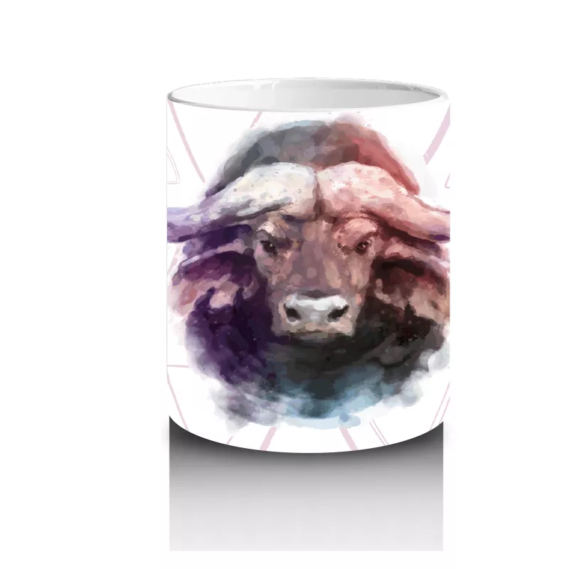 Üçgen Desenli Arka Planda Suluboya Tarzı Manda İllüstrasyonu - Baskılı kahve kupası - 3