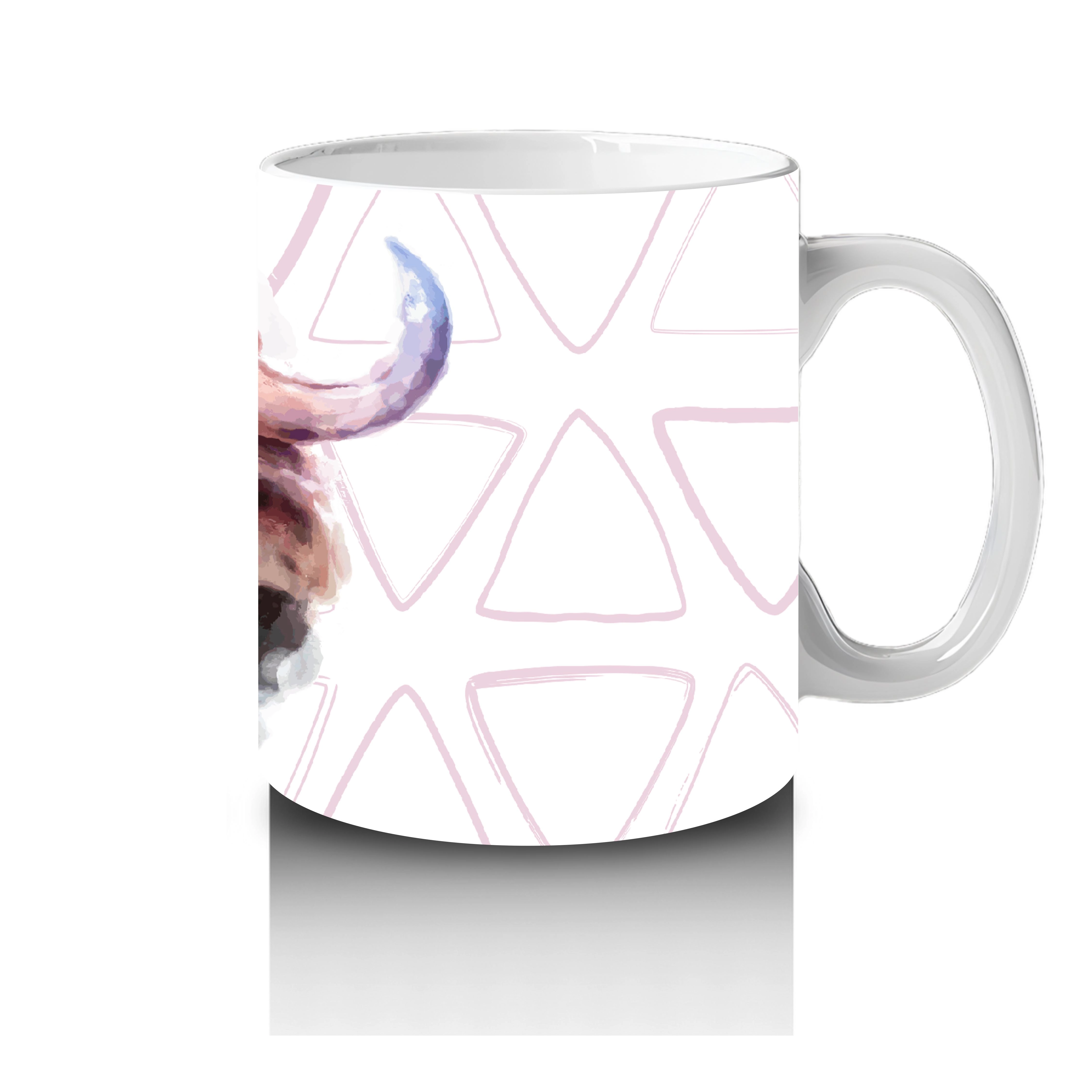 Üçgen Desenli Arka Planda Suluboya Tarzı Manda İllüstrasyonu - Baskılı kahve kupası - 4