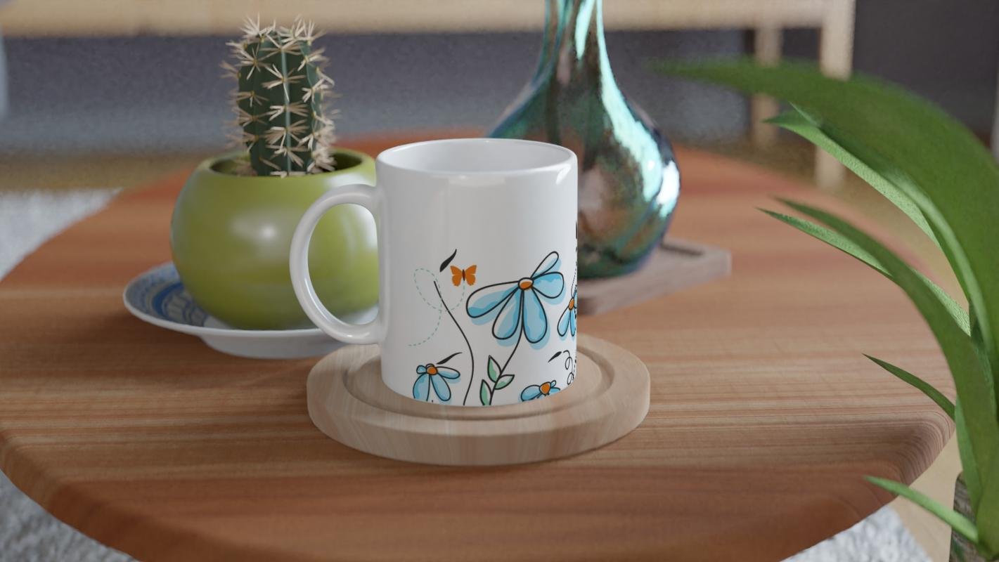 Uçuşan Kelebekler ve Mavi Çiçekler Kupa Bardak - 4