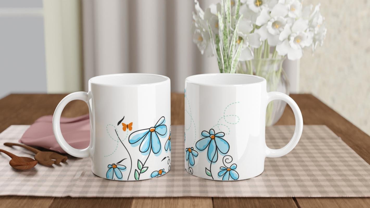 Uçuşan Kelebekler ve Mavi Çiçekler Kupa Bardak - 5