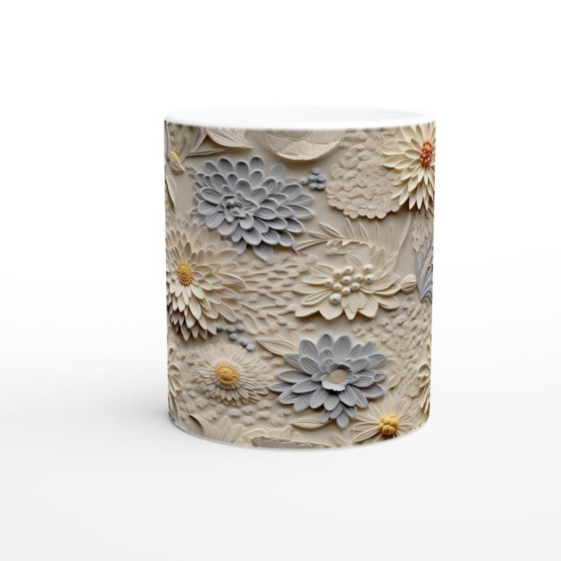 Vanilya ve Buz Grisi Rölyef Çiçek Desenli Kupa Bardak - 2