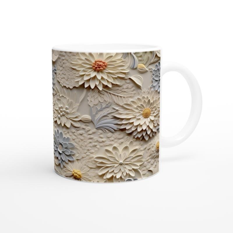 Vanilya ve Buz Grisi Rölyef Çiçek Desenli Kupa Bardak - 3