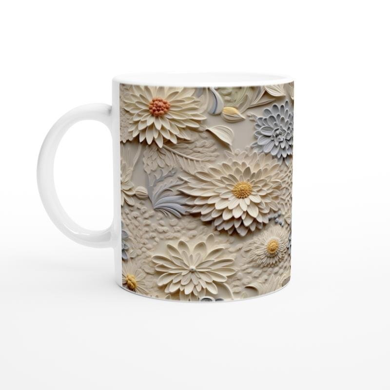 Vanilya ve Buz Grisi Rölyef Çiçek Desenli Kupa Bardak