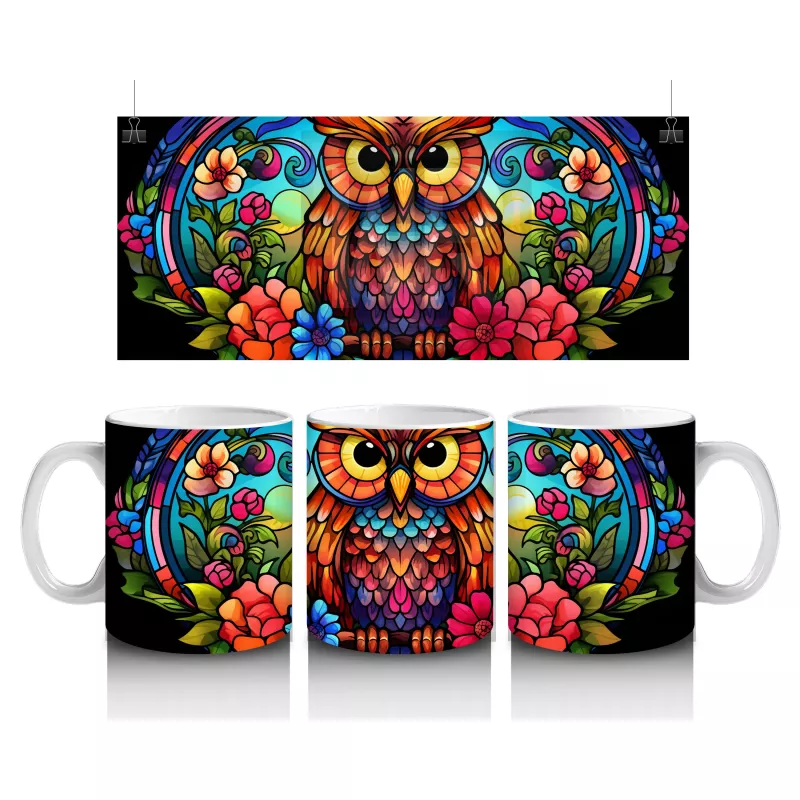 Vitray Baykuş Deseni – Renkli Sanat – Baskılı Kupa