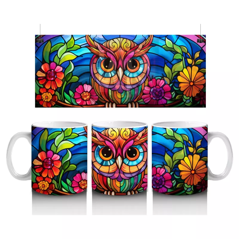 Vitray Baykuş Desenli – Renkli Sanat – Baskılı Kupa