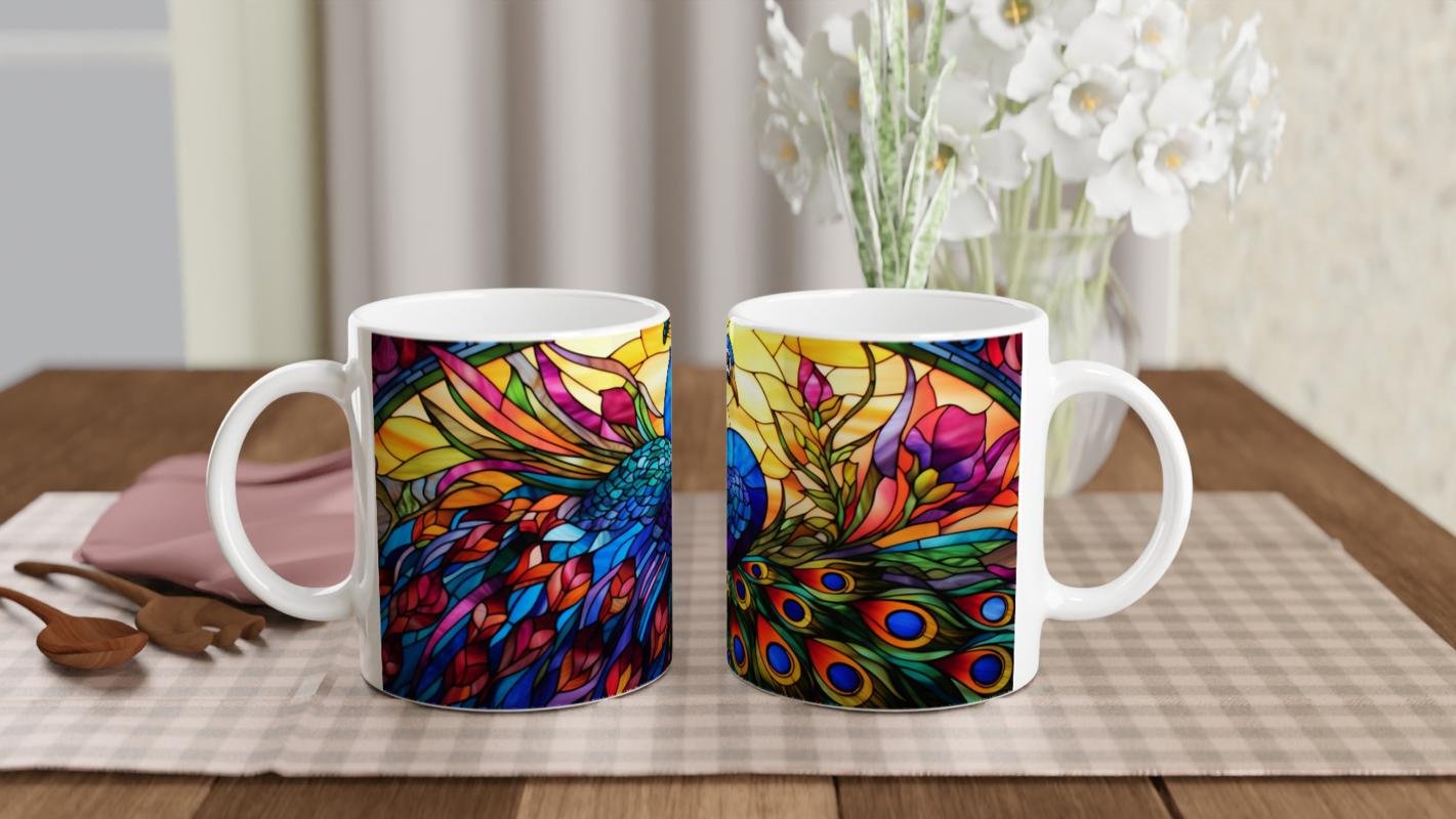 Vitray Sanatıyla İşlenmiş Renkli Tavus Kuşu Baskılı Kupa Bardak - 4