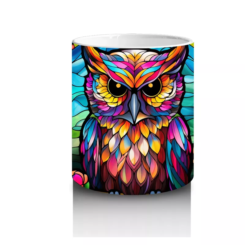 Vitray Tarzı Renkli Baykuş İllüstrasyonu – Baskılı Kupa - 3