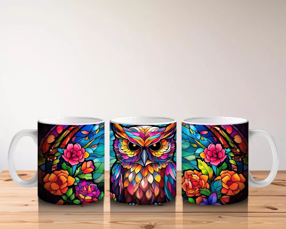 Vitray Tarzı Renkli Baykuş İllüstrasyonu – Baskılı Kupa - 5