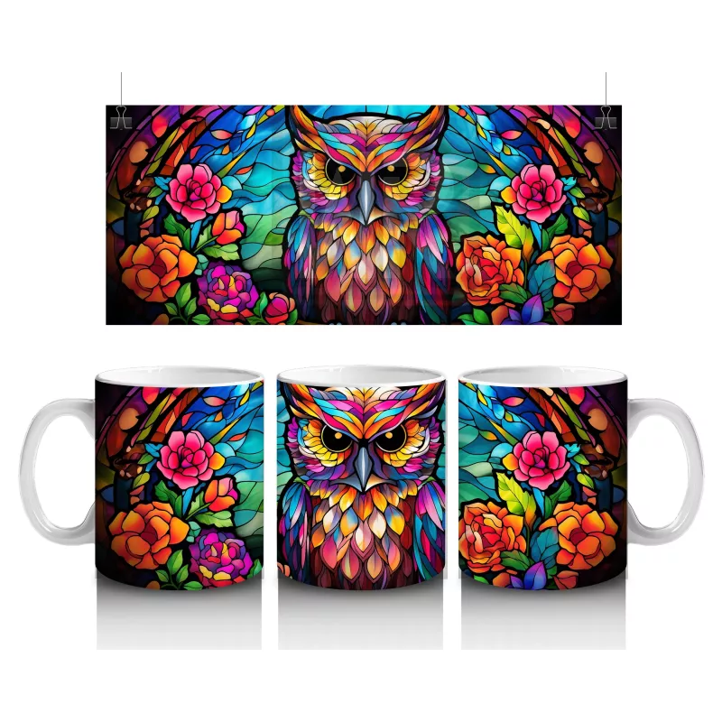 Vitray Tarzı Renkli Baykuş İllüstrasyonu – Baskılı Kupa