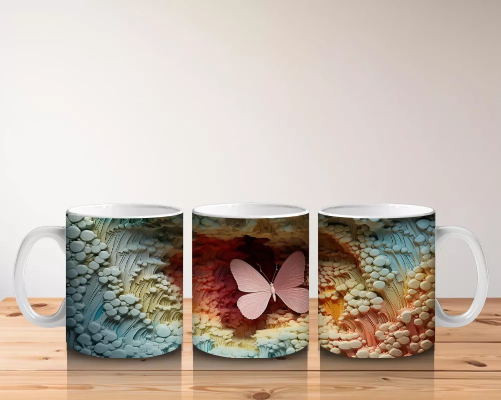 Yapraksı Dokular Üzerinde Tek Kelebek – Baskılı Kahve Kupası - 5