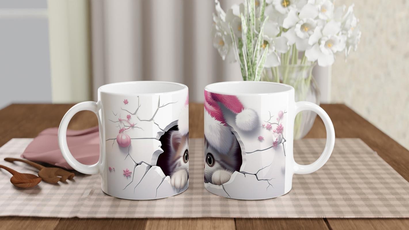 Yılbaşı Şapkası Takmış Sevimli Kedi Temalı Baskılı Kupa Bardak - 5