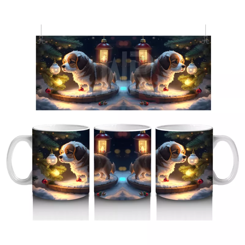 Yılbaşı Temalı Işıklarla Süslenmiş Köpekler – Baskılı Kahve Kupası