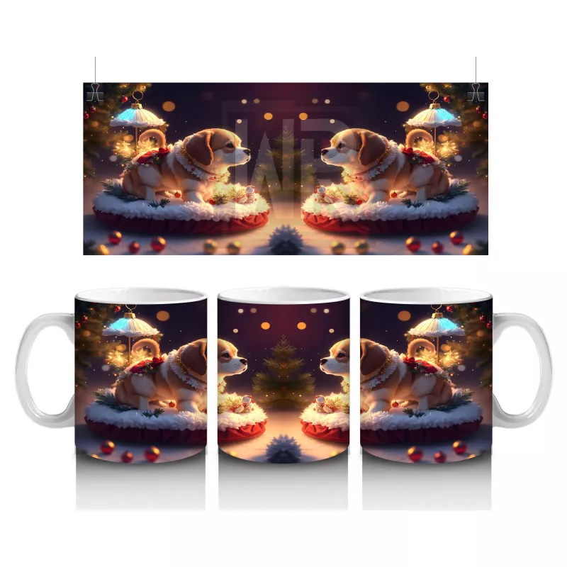 Yılbaşı Temasında Masada Oturan Köpekler – Baskılı Kahve Kupası