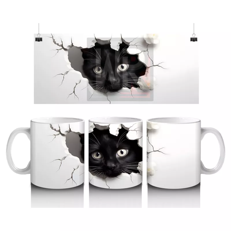 Yırtık Duvar Efektli Büyüleyici Siyah Kedi – Baskılı Kupa
