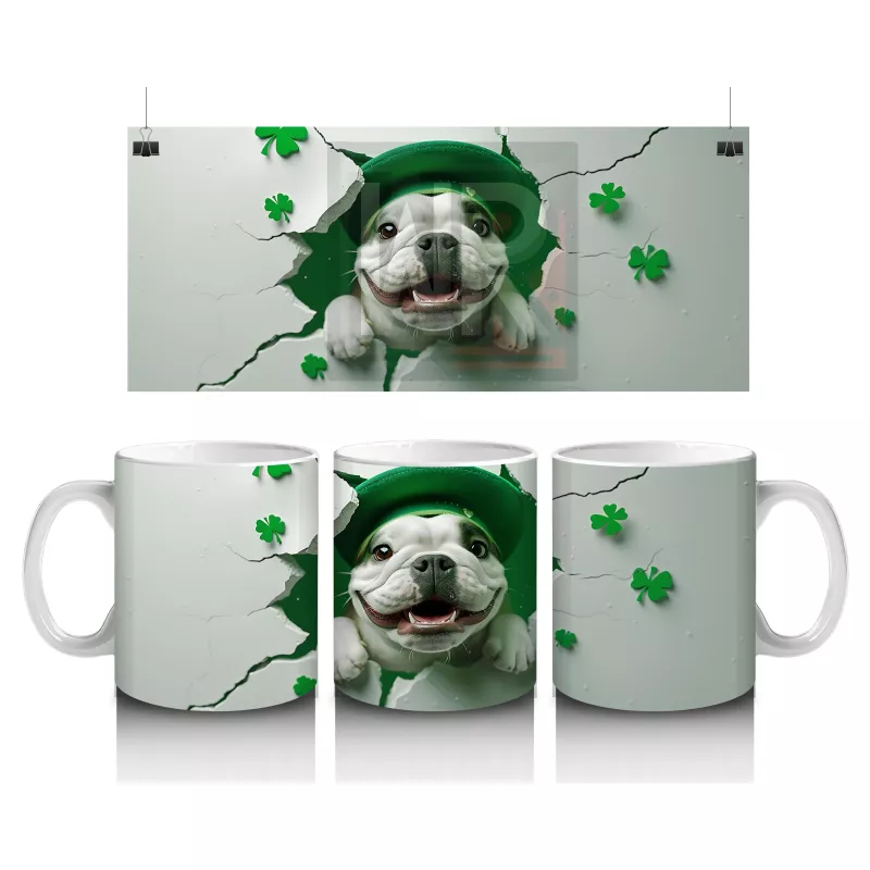 Yonca Yapraklarıyla Çevrili Sevimli Bulldog – Baskılı Kahve Kupası