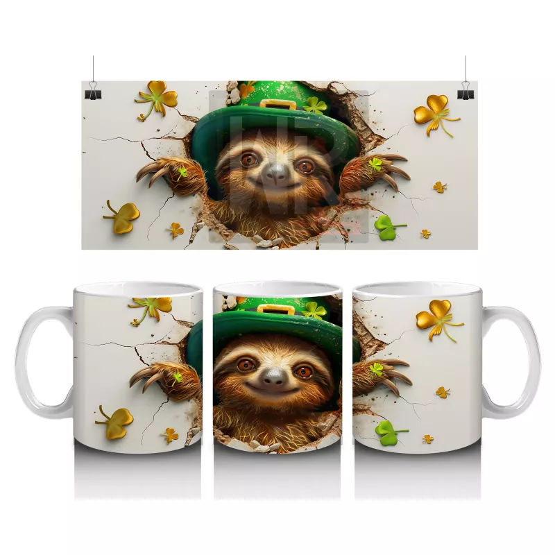 Yonca Yapraklarıyla Süslenmiş Gülümseyen Tembel Hayvan – Baskılı Kahve Kupası