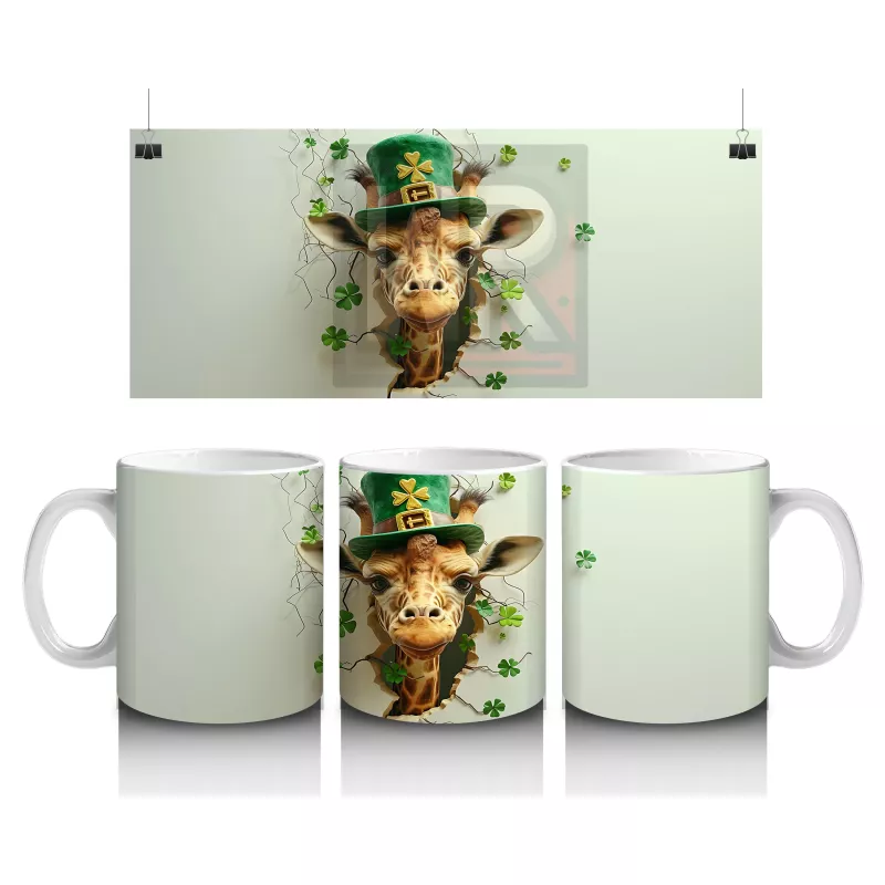 Yonca Yapraklarıyla Süslenmiş Şapkalı Zürafa – Baskılı Kahve Kupası