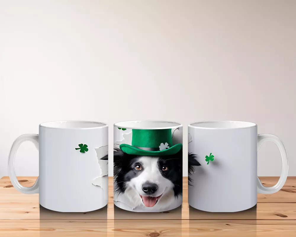 Yoncalarla Süslenmiş St. Patrick’s Temalı Border Collie - Baskılı kahve kupası - 5