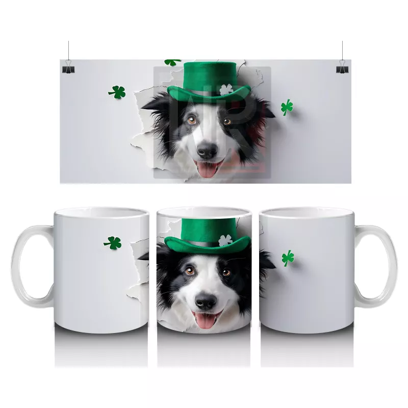 Yoncalarla Süslenmiş St. Patrick’s Temalı Border Collie - Baskılı kahve kupası