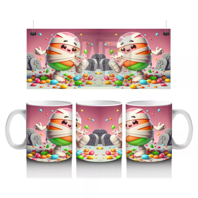 Yumurta Kafalı Canavar Figürlü Pembe Cadılar Bayramı Baskılı Kupa