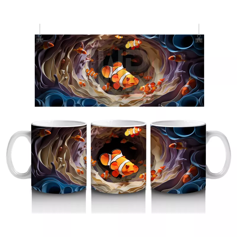 Yumuşak Dalgalar Arasında Yüzen Balıklar – Baskılı Kahve Kupası