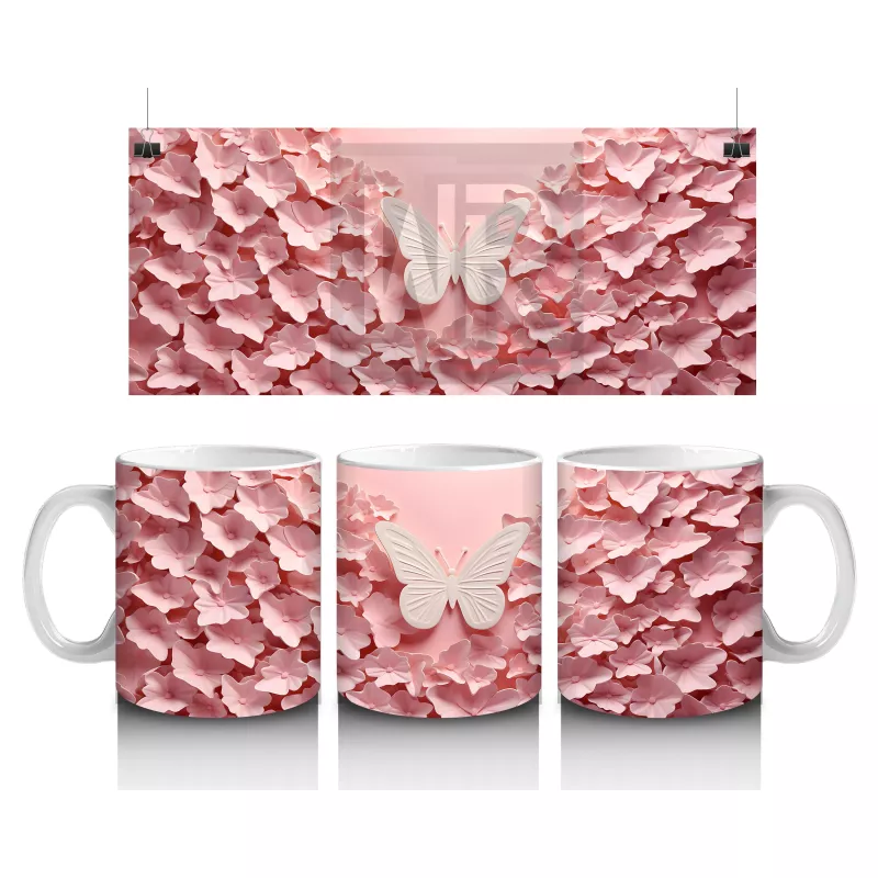 Yumuşak Pembe Fon Üzerinde Zarif Kelebek – Baskılı Kupa